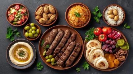 Fototapeta premium An Abundant Middle Eastern Flat Lay of Gourmet Dishes with Fresh Ingredients and Vibrant Colors