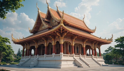Traditional Thai temple with ornate golden details and tiered roof stands majestically under clear blue sky, surrounded by lush greenery and serene atmosphere