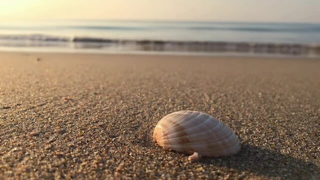 A serene beach scene at sunset with a single seashell on sandy shore and calm waves in the background, ideal for travel or nature-related use