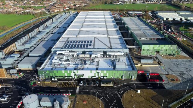 Cinematic 4K Flyover of  Waltham Cross Tech Investment, Giant Data Center and Cloud Server Infrastructure in the British Landscape