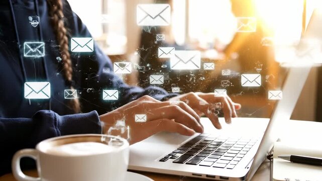 hand typing on laptop near keyboard and notebook. email and envelope icons float above screen. coffee cup sits beside desk. work and typing continue in quiet office. screen lists email count.
