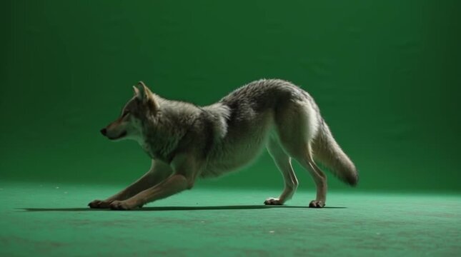 Dynamic gray wolf-like animal in a playful or stretching pose, captured on a vibrant green screen, ready for digital compositing and creative visual effects projects