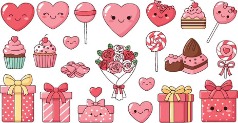 Naklejka premium Adorable Valentine Graphic Elements Hearts Cupcakes and Presents in Pastel Colors