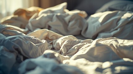 Soft morning light on crumpled white bed sheets, cozy bedroom atmosphere, calm minimalist lifestyle background.