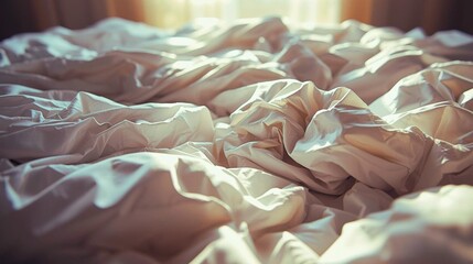 Soft morning light on crumpled white bed sheets, cozy bedroom atmosphere, calm minimalist lifestyle background.