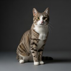 Fototapeta premium A striped tabby cat with green eyes sitting on a gray surface, looking directly at the camera with a focused expression.
