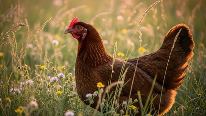 Fototapeta premium Peaceful Brown Hen Standing in a Lush Green Meadow Bathed in Golden Sunlight