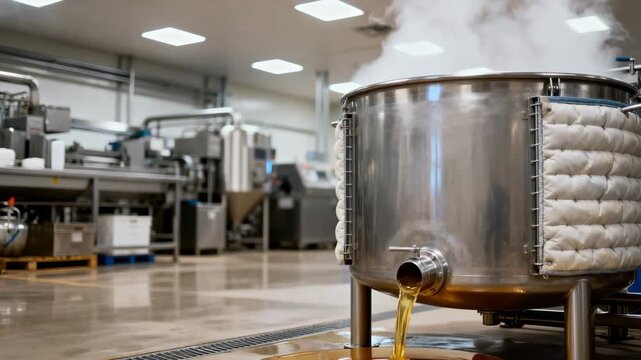 Medium shot of a vertical steamjacketed kettle gently melting animal fat into golden clear tallow showcasing industrial food processing in a clean factory setting.