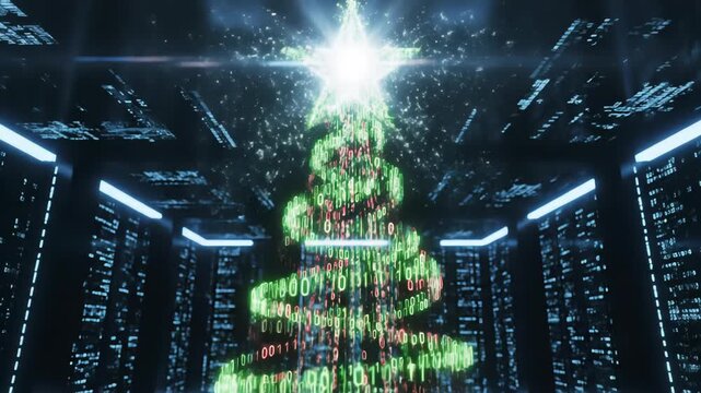 A spiraling Christmas tree constructed from bright green binary code numbers, illuminated by a bright star atop, within a dark, futuristic data center.