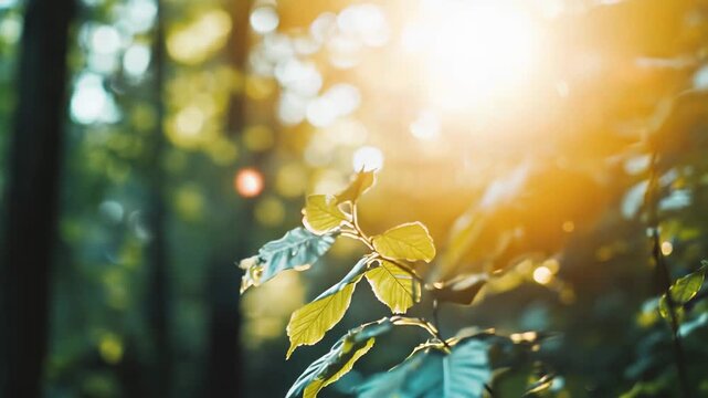 Fresh green leaves on a tree branch are beautifully illuminated by warm sun rays, creating natural light bokeh in the background and symbolizing growth, nature, and environmental freshness