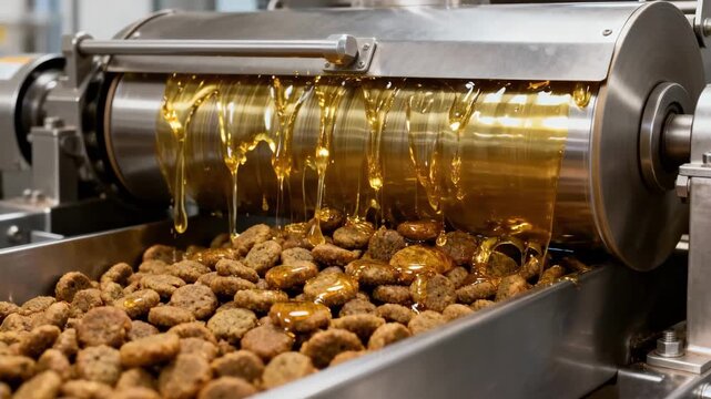 Medium shot of rotating drum applying shimmering poultry oil evenly on kibble enhancing texture and flavor in a controlled food processing environment.