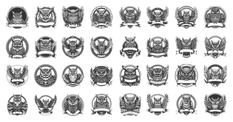  Antique Heraldry Owl Badges, Ornate Bird Framing Designs