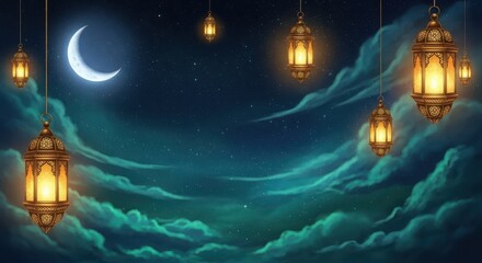 Enchanted night sky with hanging lanterns and crescent moon
