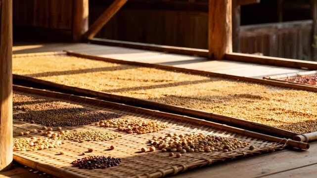 Medium shot of an open shed with seeds spread out under natural airflow emphasizing traditional sundrying techniques for seed moisture reduction before processing.