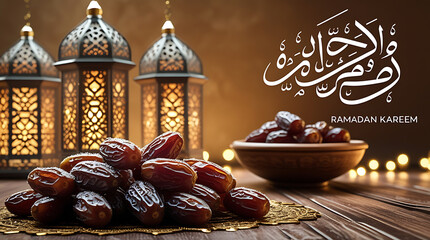 dates in a bowl on a gold placemat, lanterns glowing in back; brown gradient background; upper-right Arabic,  &ldquo;RAMADAN KAREEM&rdquo;, HD and 4k image