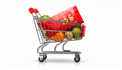 Shopping Cart with Fresh Fruits and Red Envelope.