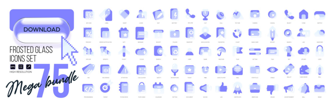 Mega set of vector icons in frosted glass, modern trendy style. Purple and transparency liquid glass. 75 icons in a single style of business, finance, web, UX UI
