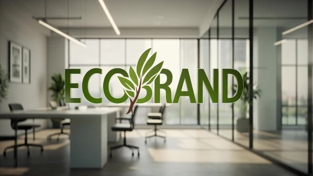 Eco Brand Logo Animation Revealing in a Modern Office Environment, Minimalist Design