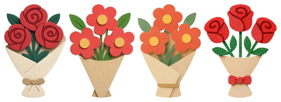 PNG Colorful paper flower bouquets displayed, element set on transparent background