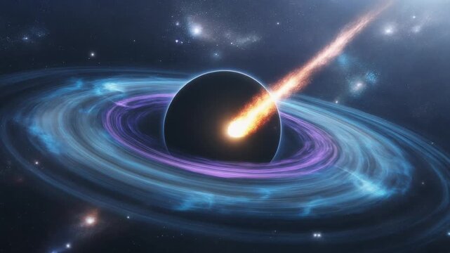 A black hole emitting a vibrant jet of energy, surrounded by swirling purple and blue accretion disk in a starry galaxy background for educational or scientific use