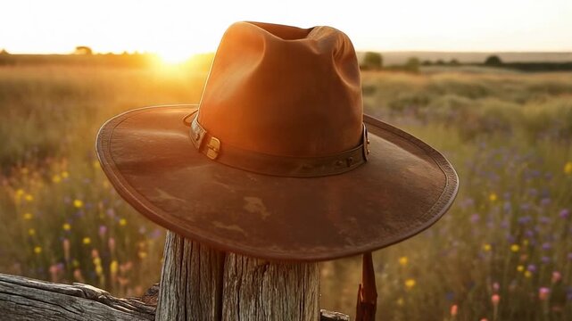 A brown cowboy hat on a wooden post in a field of wildflowers at sunset