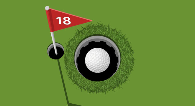 A golf ball near the hole on a putting green with a flagstick and numbered flag on a serene golf course outdoors