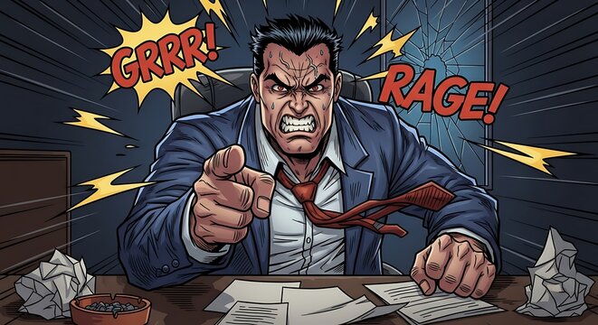 Angry Boss Yelling and Pointing in a Comic Book Style Illustration.