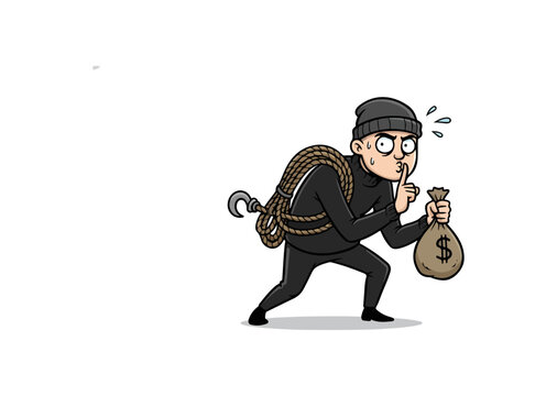 Cartoon Thief with Money Bag and Rope.