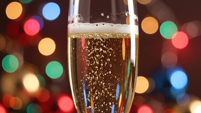 A champagne flute with glittery liquid and festive lights in the background, celebrating a special occasion