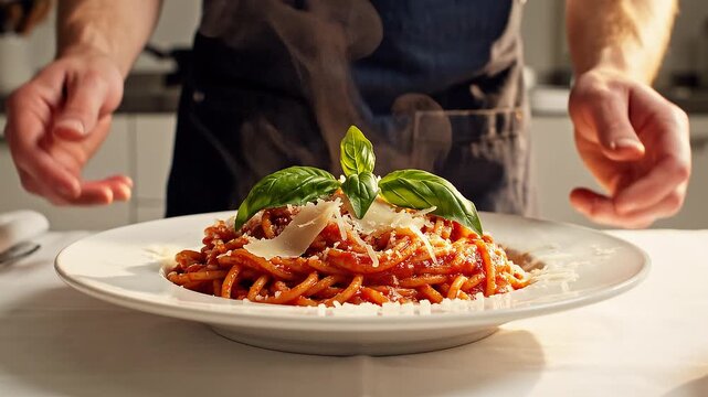 A chef in a kitchen presenting a plate of pasta with basil