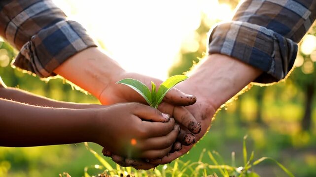 Adult and child hands hold plant seedling in soil together. Family plants seedling during sunset. Hands with soil protect young plant. Child learns gardening from adult. Growing plants together.
