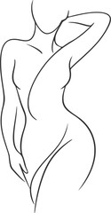 A minimalist continuous line art vector illustration of a female body silhouette in an elegant pose. Clean black outline on a soft neutral background, modern abstract style suitable for wall art.