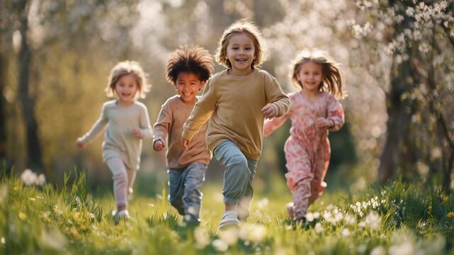 A group of joyful children running through a vibrant spring meadow with blooming flowers and soft sunlight smooth motion atmospheric lighting rich detail