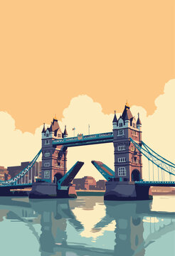 Vertical vintage Tower Bridge, London drawbridge opening against warm golden sky Flat illustration