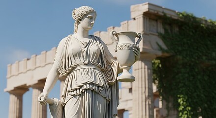 Obraz premium Ancient Greek Statue of a Woman Holding a Vase in Front of Ruins.