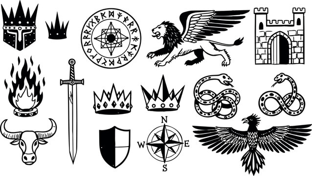 Medieval inspired black and white vector art set featuring helmets crowns winged lion snakes sword shield compass castle and fire emblem icons