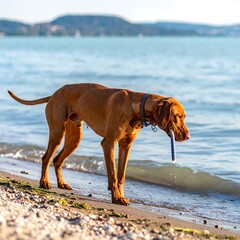 A slender, tan canine pauses at the shoreline, holding a blue toy. The water is gentle, with a distant, blurred mountain backdrop