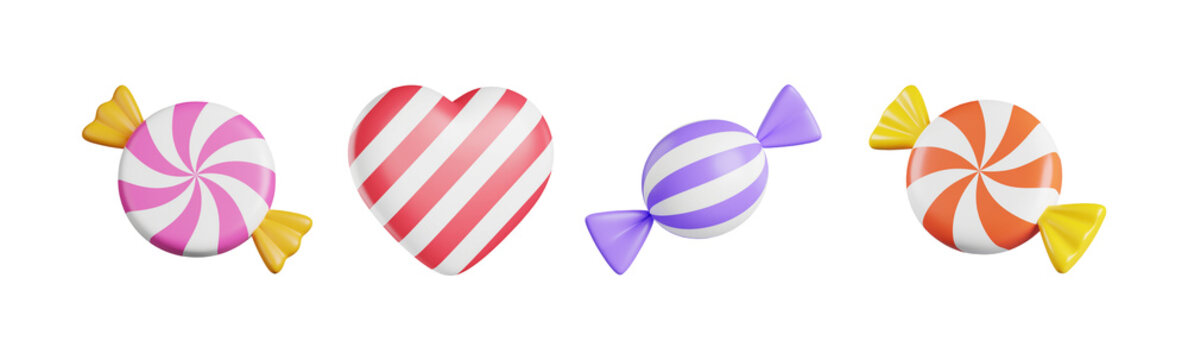 Set of clipart elements such as colorful candies isolated. 3d rendering. PNG transparent background