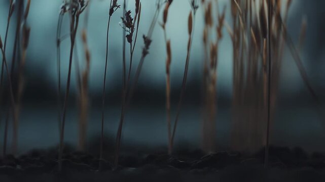Delicate wild dried plants creating a tranquil natural scene against a soft and muted blue grey background, conveying concepts of serenity, simplicity, and natural beauty with ample copy space
