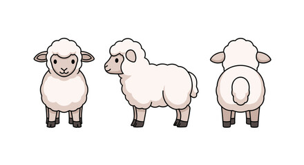 Obraz premium Charming cartoon sheep standing in front side and back views with fluffy white wool perfect for farm countryside or cute animal illustration themes, Generative AI.