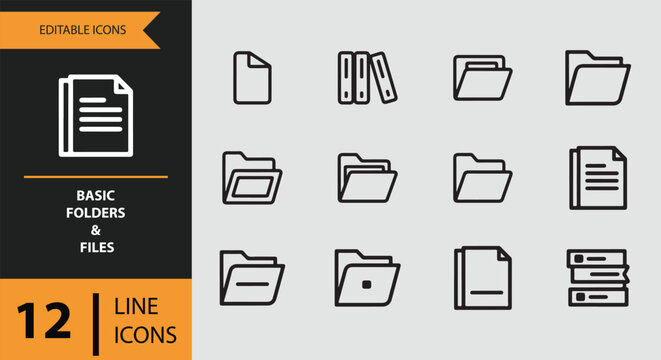 A comprehensive set of 12 basic line icons representing various folders and files for digital design isolated on white background