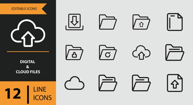 Line icons for digital and cloud file management including upload, download, folder, and document symbols isolated on white background