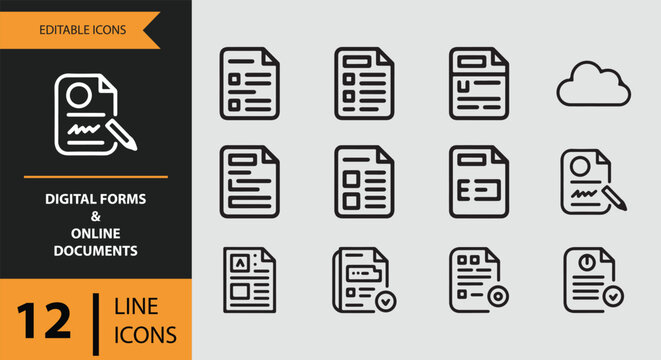 Collection of digital forms and online document line icons for web and mobile interfaces isolated on white background