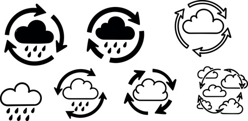 Fototapeta premium Set of flat design cloud and rain icons with circular arrows showing weather cycle and precipitation process in simple style