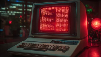 A vintage computer sits on a desk, illuminating the dark room with red and green text on the screen. The retro atmosphere features soft lighting and a nostalgic vibe, reminiscent of the past.