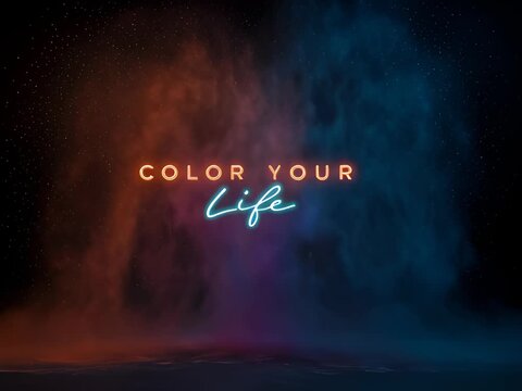 dynamic explosion of orange and blue powder clouds against dark background with text color your life in bold and script fonts concept of creativity inspiration and vibrancy