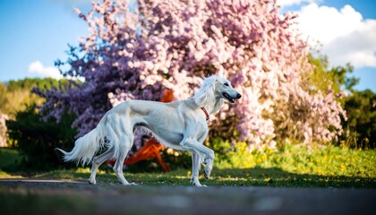 A slender, white dog strides gracefully across a path. The dog is set against a backdrop of a vibrant flowering tree and a blue sky
