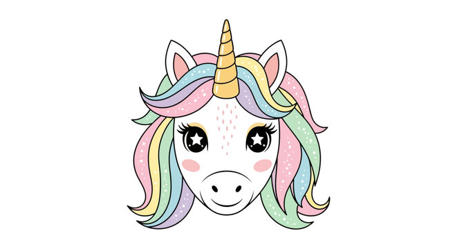 A cartoon unicorn face with a colorful mane and sparkle eyes is viewed directly from the front in a simple illustration style