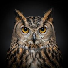Obraz premium A close-up portrait of a Great Horned Owl with intense yellow eyes, set against a dark background.