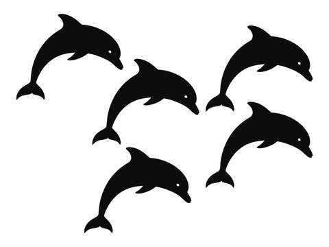 A group of black dolphin silhouettes swimming together in the ocean